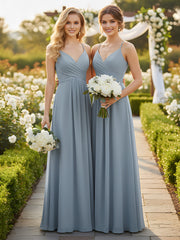 Spaghetti Strap V-neck Chiffon Dresses-Dusty Blue