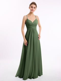 Spaghetti Strap V-neck Chiffon Dresses-Olive Green