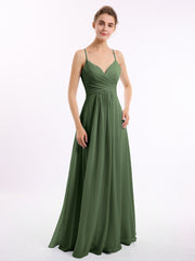 Spaghetti Strap V-neck Chiffon Dresses-Olive Green Plus Size