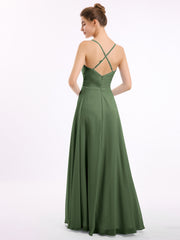 Spaghetti Strap V-neck Chiffon Dresses-Olive Green Plus Size