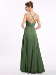 Spaghetti Strap V-neck Chiffon Dresses-Olive Green