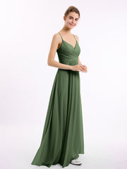 Spaghetti Strap V-neck Chiffon Dresses-Olive Green Plus Size