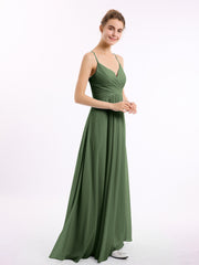 Spaghetti Strap V-neck Chiffon Dresses-Olive Green