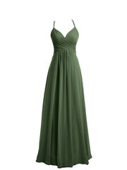 Spaghetti Strap V-neck Chiffon Dresses-Olive Green
