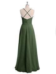 Spaghetti Strap V-neck Chiffon Dresses-Olive Green