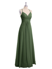 Spaghetti Strap V-neck Chiffon Dresses-Olive Green