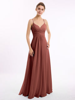 Spaghetti Strap V-neck Chiffon Dresses-Terracotta