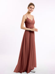 Spaghetti Strap V-neck Chiffon Dresses-Terracotta