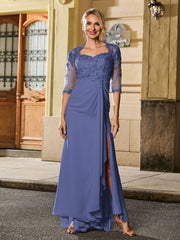 Square Neck Half Sleeve Slim Long Gown with Slit Plum