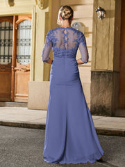 Square Neck Half Sleeve Slim Long Gown with Slit Plum