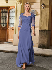 Square Neck Half Sleeve Slim Long Gown with Slit Plum