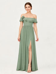 Tiered Ruffled Off-the-Shoulder A-Line Gown with Slit Agave