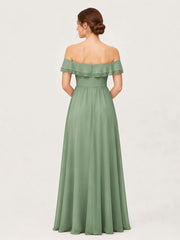 Tiered Ruffled Off-the-Shoulder A-Line Gown with Slit Agave