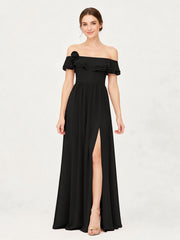Tiered Ruffled Off-the-Shoulder A-Line Gown with Slit Black