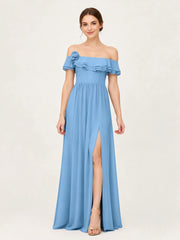 Tiered Ruffled Off-the-Shoulder A-Line Gown with Slit Blue