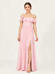 Tiered Ruffled Off-the-Shoulder A-Line Gown with Slit Blushing Pink