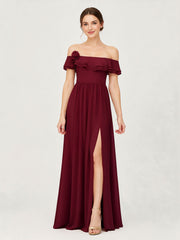 Tiered Ruffled Off-the-Shoulder A-Line Gown with Slit Burgundy