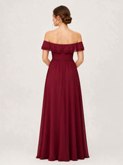 Tiered Ruffled Off-the-Shoulder A-Line Gown with Slit Burgundy