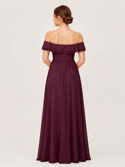 Tiered Ruffled Off-the-Shoulder A-Line Gown with Slit Cabernet