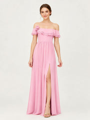 Tiered Ruffled Off-the-Shoulder A-Line Gown with Slit Candy Pink