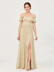 Tiered Ruffled Off-the-Shoulder A-Line Gown with Slit Champagne