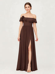 Tiered Ruffled Off-the-Shoulder A-Line Gown with Slit Chocolate