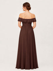 Tiered Ruffled Off-the-Shoulder A-Line Gown with Slit Chocolate