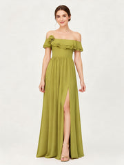 Tiered Ruffled Off-the-Shoulder A-Line Gown with Slit Clover