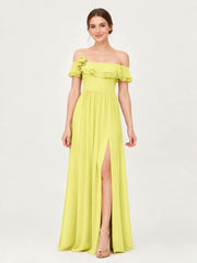 Tiered Ruffled Off-the-Shoulder A-Line Gown with Slit Daffodil