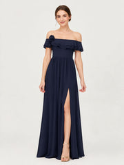 Tiered Ruffled Off-the-Shoulder A-Line Gown with Slit Dark Navy