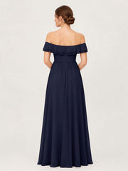Tiered Ruffled Off-the-Shoulder A-Line Gown with Slit Dark Navy