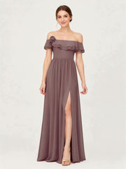 Tiered Ruffled Off-the-Shoulder A-Line Gown with Slit Dusk