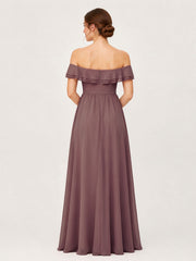 Tiered Ruffled Off-the-Shoulder A-Line Gown with Slit Dusk