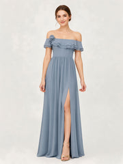Tiered Ruffled Off-the-Shoulder A-Line Gown with Slit Dusty Blue