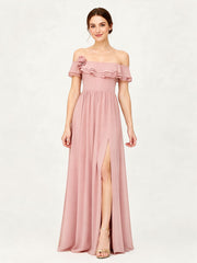 Tiered Ruffled Off-the-Shoulder A-Line Gown with Slit Dusty Rose