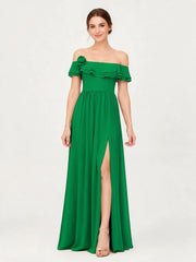 Tiered Ruffled Off-the-Shoulder A-Line Gown with Slit Emerald