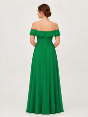 Tiered Ruffled Off-the-Shoulder A-Line Gown with Slit Emerald