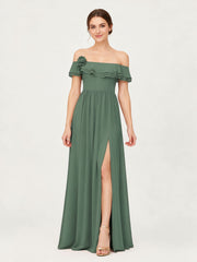 Tiered Ruffled Off-the-Shoulder A-Line Gown with Slit Eucalyptus