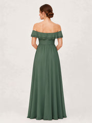 Tiered Ruffled Off-the-Shoulder A-Line Gown with Slit Eucalyptus