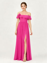 Tiered Ruffled Off-the-Shoulder A-Line Gown with Slit Fuchsia
