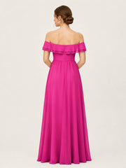 Tiered Ruffled Off-the-Shoulder A-Line Gown with Slit Fuchsia