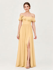 Tiered Ruffled Off-the-Shoulder A-Line Gown with Slit Gold