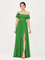 Tiered Ruffled Off-the-Shoulder A-Line Gown with Slit Green