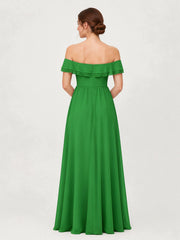 Tiered Ruffled Off-the-Shoulder A-Line Gown with Slit Green