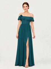 Tiered Ruffled Off-the-Shoulder A-Line Gown with Slit Ink Blue