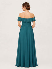 Tiered Ruffled Off-the-Shoulder A-Line Gown with Slit Ink Blue