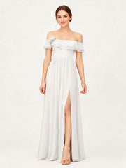 Tiered Ruffled Off-the-Shoulder A-Line Gown with Slit Ivory