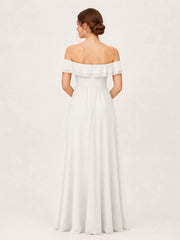 Tiered Ruffled Off-the-Shoulder A-Line Gown with Slit Ivory