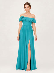 Tiered Ruffled Off-the-Shoulder A-Line Gown with Slit Jade