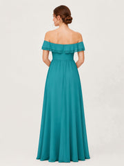 Tiered Ruffled Off-the-Shoulder A-Line Gown with Slit Jade